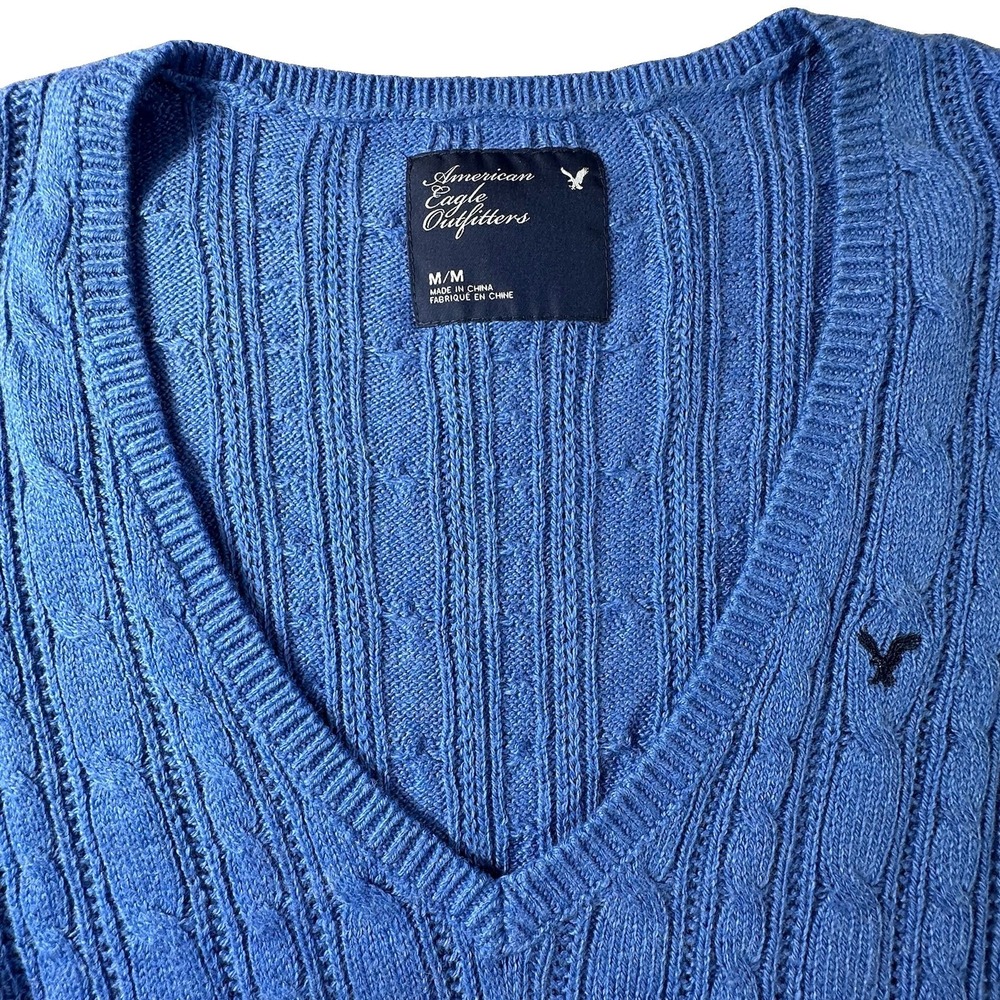 Y2K Sweater American Eagle V-Neck Womens M Blue Bella Elena Cable Knit Academia